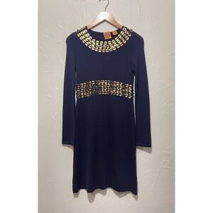 Tory Burch navy gold sequins detail 100% wool knit fit-and-flare dress (XS)